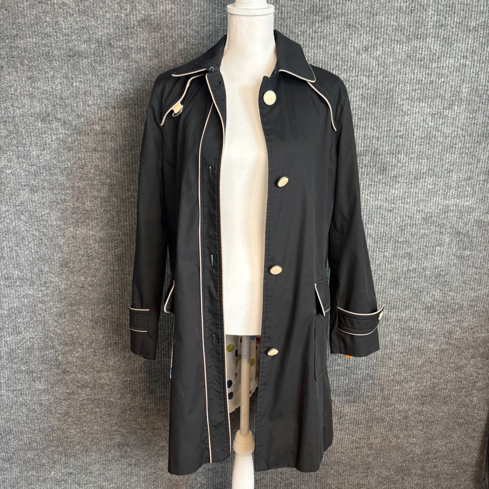 Dennis Basso S Black Trench Coat Cream Piping Polka Dot Lining Retro Mod